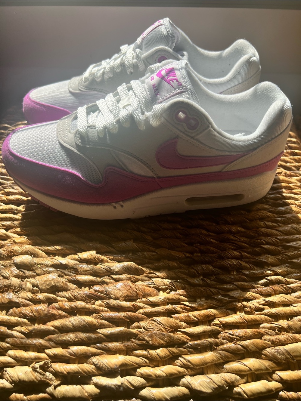 Nike Women’s White and Pink Air Max 1 Sneakers - Picture 2 of 7